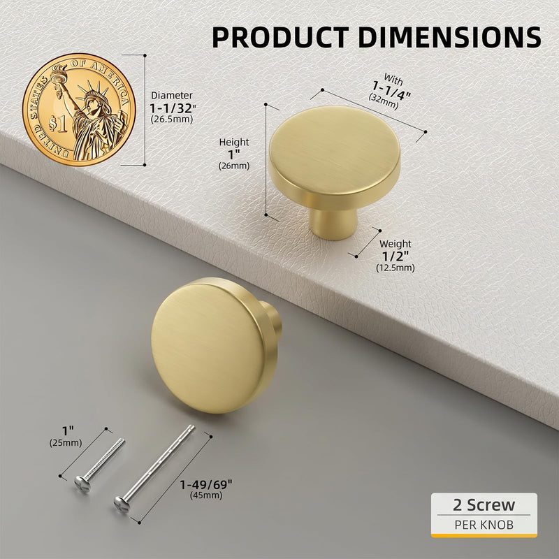 Goldenwarm 10pcs Gold Cabinet Knobs for Dresser Drawers Kitchen Hardware Handles Brushed Brass Modern Round Knob,Zinc Alloy 10 Pack Brushed Gold