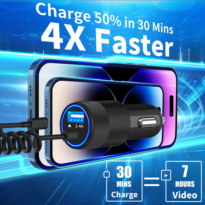 [Australia - AusPower] - 【MFi Certified】iPhone Car Charger Fast Charging, Braveridge 4.8A Dual USB Power Cigarette Lighter Car Charger Adapter with 6FT Lightning Coiled Cable for iPhone 14 13 12 11 Pro/XS/Mini/XR/SE/X/8/iPad Black---Built-in Coiled Cable 