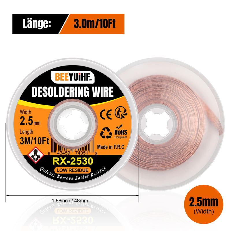 Desoldering Wire, 3 m / 10 ft Desoldering Wire, 2.5 mm No-Clean Soldering Braid, Wicks Strands for Desoldering, Desoldering Wick for Removing Solder for Disassembling Electrical Components (Pack of 1) 1 piece
