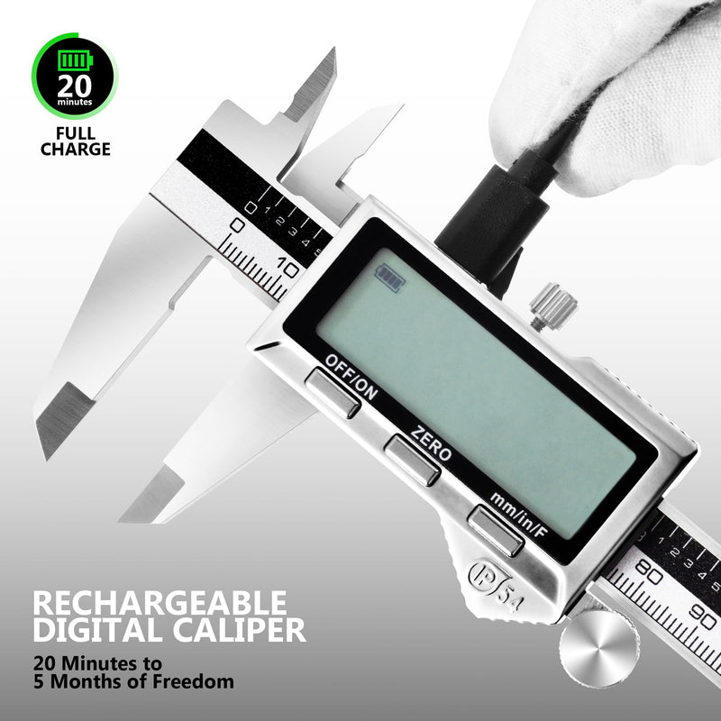 Rechargeable Digital Caliper 6 Inch, Stainless Steel | Large LCD Display, Inch/mm/Fraction Conversion, Electronic Micrometer, Professional Vernier Measuring Tool 0-6"