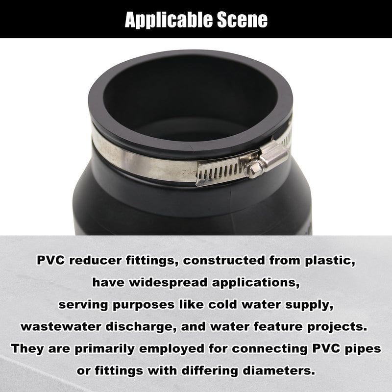 4" to 3" Black PVC Reducer Coupler & Gate Valve Bushing with 2pcs Clamps RV Plumbing Compatible with PVC Pipe Coupler Adapter RV Sewer Connection