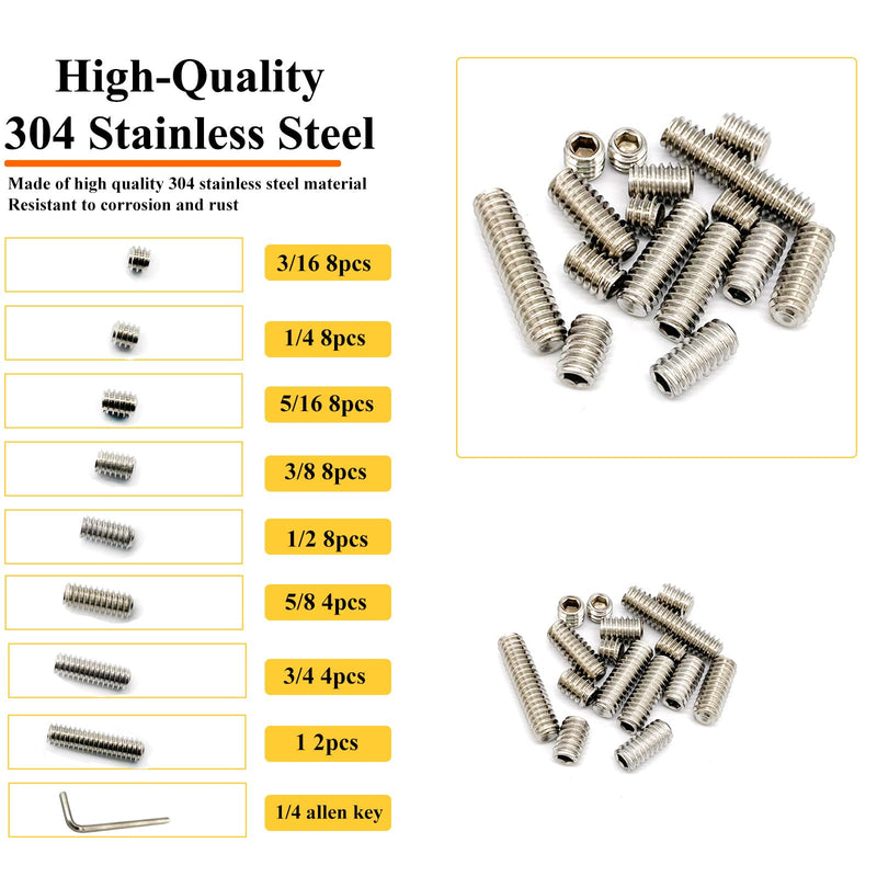 [Australia - AusPower] - 50pcs 1/4-20 8 Sizes Hex Socket Set Screws Assortment Kit, 304 Stainless Steel Cup Point Grub Screw for Bathroom Fixtures Door Handles Stripper Pole Rack Screws Precision Instrument ets 1/4-8Size-50P-304Silver 