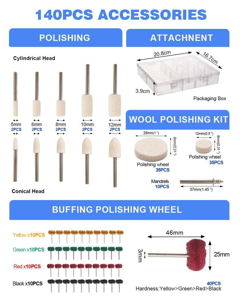 [Australia - AusPower] - 140 PCS Polishing Kit for Dremel, Abrasive Buffing Wheels Polishing Bits for Rotary Tool Accessories with 1/8 Inch Shank, Sanding Kit for Metal, Resin, Wood Watch, Jewelry, Aluminum and Brass with Box 