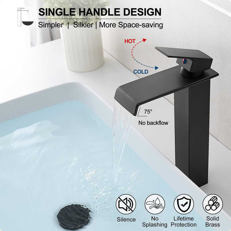 Brass Vessel Sink Faucet Black Waterfall Bathroom Faucet 1 Hole, Tall Bathroom Sink Faucet Single Handle, Modern Bathroom Faucets for Vessel Sinks with Pop Up Drain and Supply Hoses Matte Black