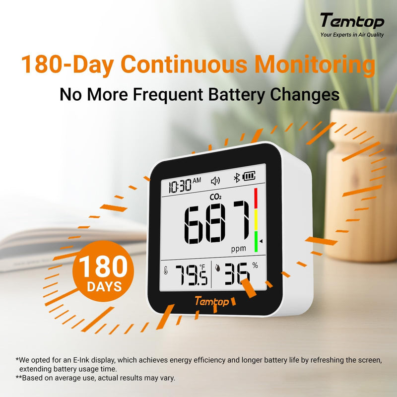 [Australia - AusPower] - Temtop CO2 Bluetooth Meter Room Air with App Connection, Real Time CO2 Monitoring, Temperature & Humidity, Alarm Function, for Healthy Air Quality Home and Office, C10-2ND Co₂ With App 