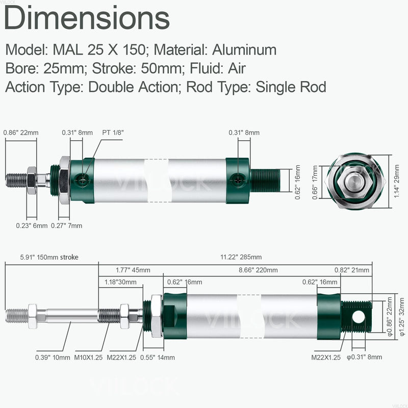 [Australia - AusPower] - Pneumatic Air Cylinder 25mm Bore 150mm Stroke, Mini Air Cylinder Single Rod Double Action MAL 25 X 150 25mm x 150mm 