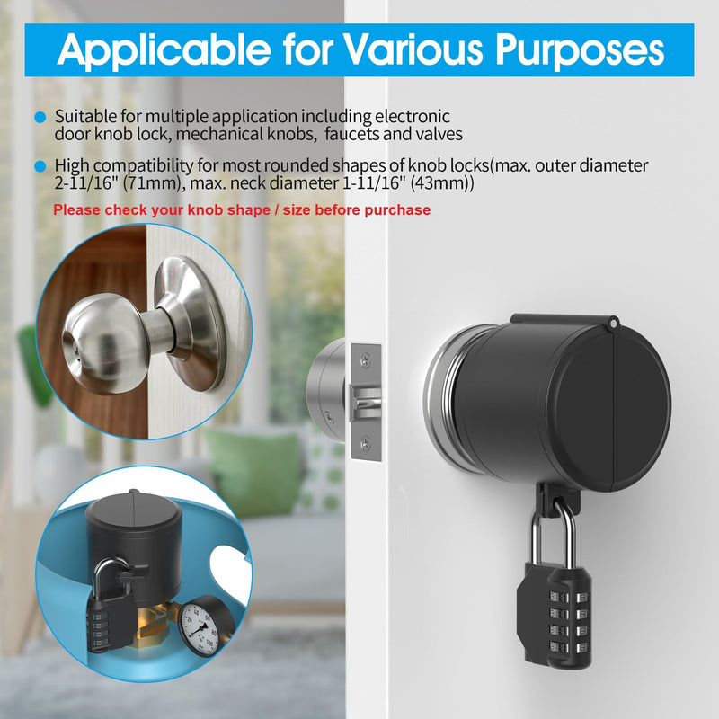 [Australia - AusPower] - AST Door Knob Lockout Device with Passcode Padlock, Childproof Door Knob Cover, Lock Out to Smart Doorknob. Safety Cover for Faucet, Valve, Spigot. Prevent Access to Keyhole, Matte Black 