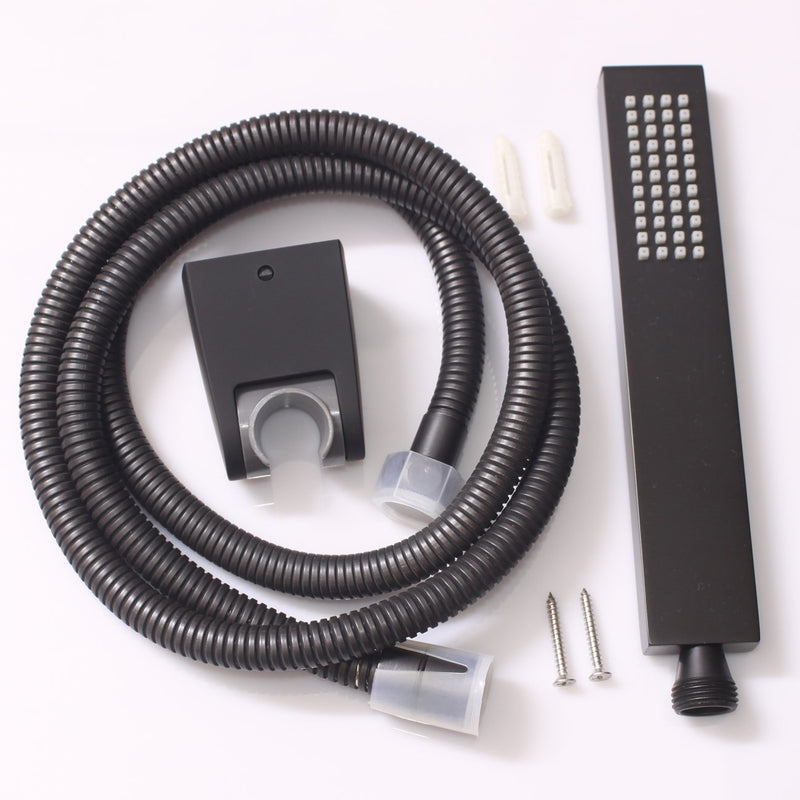 Square Solid Brass Hand Held Shower Head With Wall Connector Holder and Hose Set Matte black