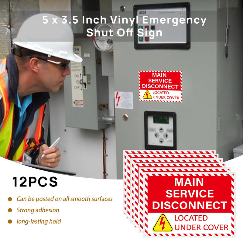 12 Pack Main Service Disconnect Labels Sign, Emergency Service Disconnect Sticker Decals for Electrical Panel, Indoor and Outdoor(5"x3.5")