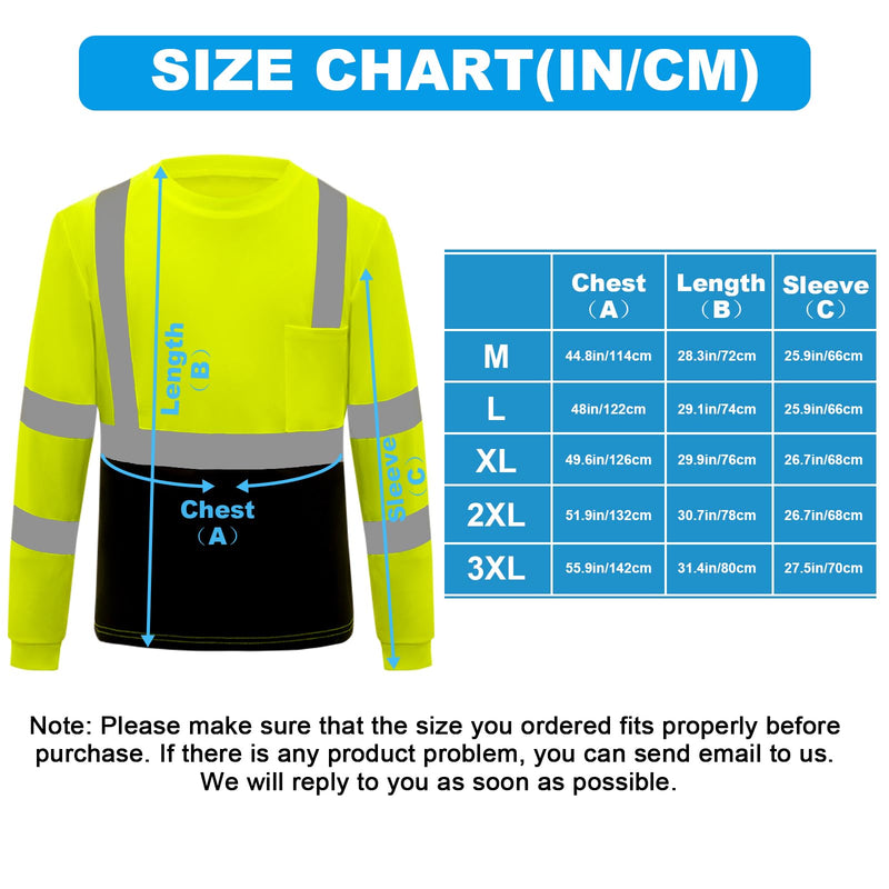 Hi Vis Safety T Shirt Class 3 Reflective Black Bottom Long Sleeve High Visibility Shirts 3pcs Yellow Black Medium