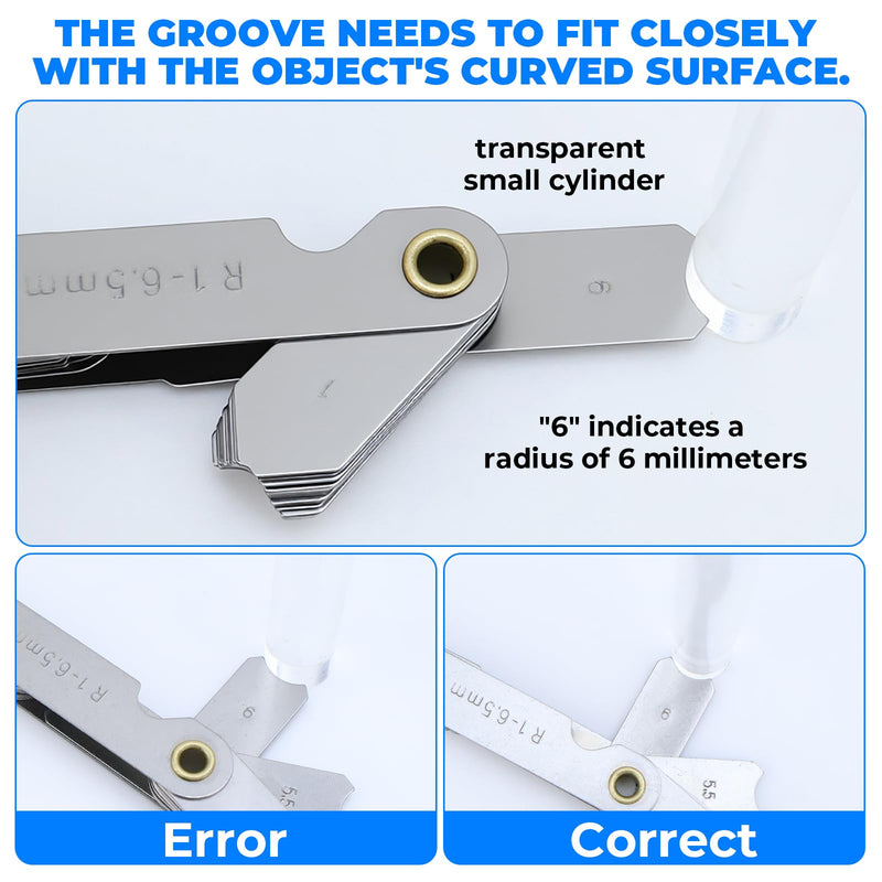 Radius Gauge Set of 6 | R0.3-1.5 / R1-6.5 / R7-14.5 / R15-25 / R25-50 / R52-100 | Radius Gauge for Convex / Concave Ideal for industry, craft and DIY