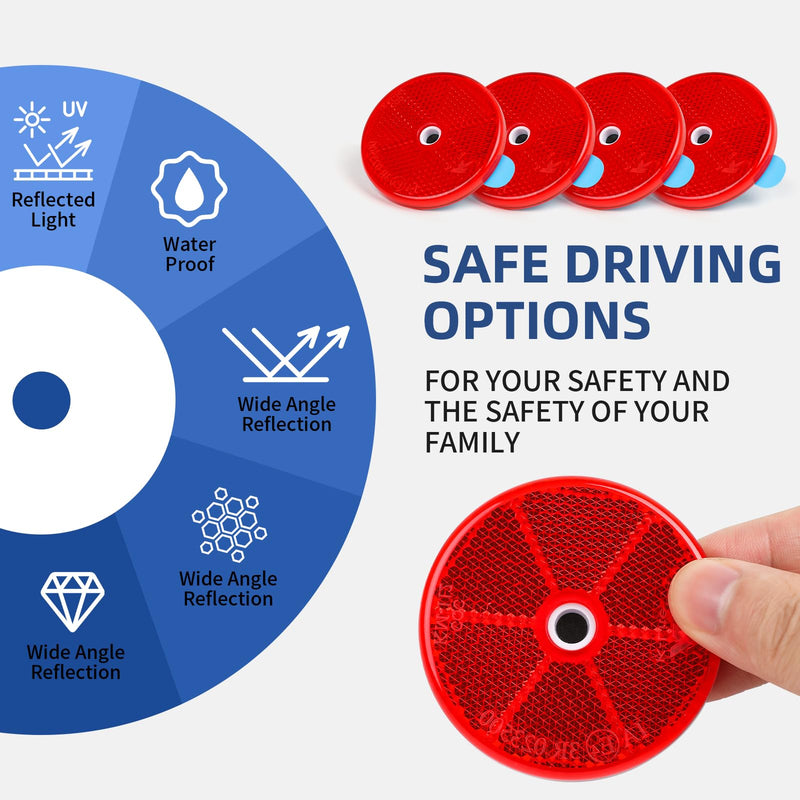 10Pcs Safety Reflectors Red Round, High Visibility Safety Reflective Strong Stick-On for Mailboxes, Driveways, Tunnels, Posts, Cars, Trailers Adhesive Type - Red