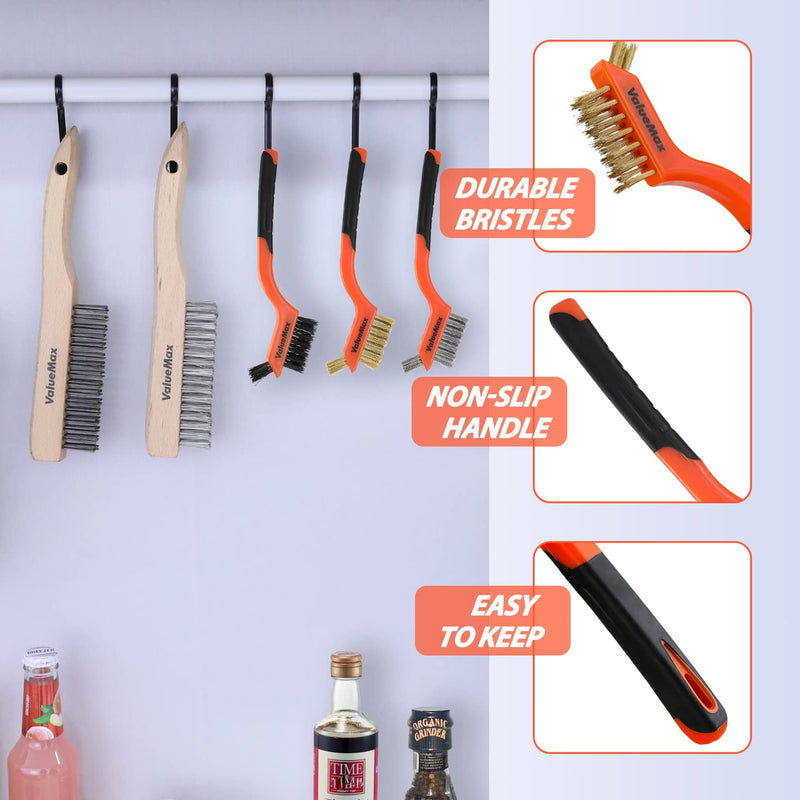 [Australia - AusPower] - ValueMax Wire Brush Set, 8Pcs Stainless Steel/Brass/Nylon Bristles with Curved Handle Grip, Heavy Duty Stainless Steel Wire Scratch Brush with Beechwood Handle for Rust, Dirt and Paint Cleaning 