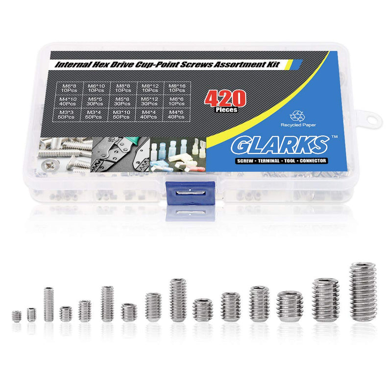 [Australia - AusPower] - Glarks 420Pcs M3/M4/M5/M6/M8 Allen Head Socket Set Screw, 304 Stainless Steel Internal Hex Drive Grub Screw Assortment Kit 