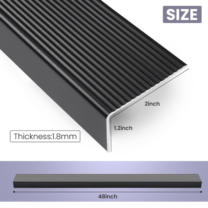 Black 48" Metal Stair Nosing, Heavy-Duty Aluminum Self-Adhesive Stair Edge Protector for Indoor/Outdoor Stairs, Non-Slip Tread Cover, L- Molding(48 x 1.2 x 2 in, 2Pcs) 48×2×1.2in