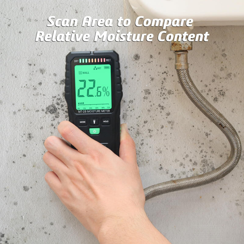 RDINSCOS Pinless Moisture Meter for Wall, Wood & Masonry – Non-Invasive Digital Moisture Detector with 19mm Depth, Flashlight, LCD Display – Ideal for Leak Detection & Water Damage MT28