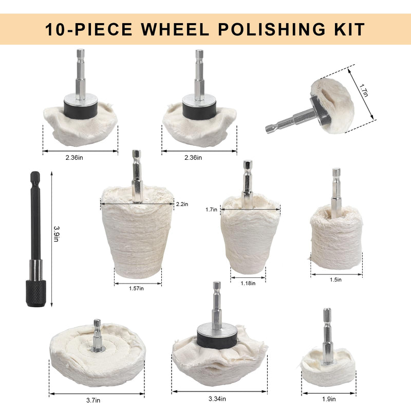 10PCS Buffing Wheel Kit for Drill, Cotton Polishing Pads with 1/4" Hex Shafts, Wheel Shaped Polishing Tool Buffing Pad for Aluminum Stainless Steel Chrome, Car Accessories