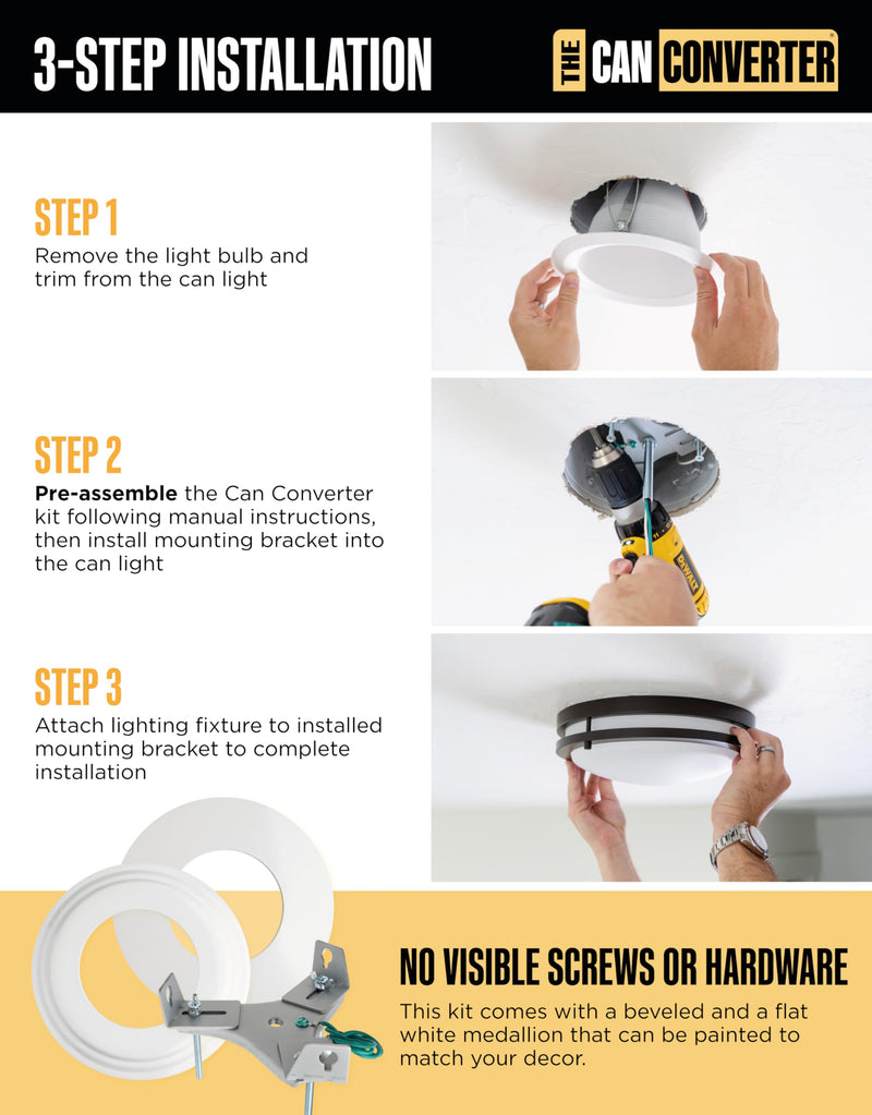 The Can Converter R56 Recessed Can Light Conversion Kit w/ 7"¾ Flat & Beveled Steel Ceiling Medallion - Home Improvement for 5" & 6" Cans, Fan & Light Fixture Converter Kit, UL Certified, White