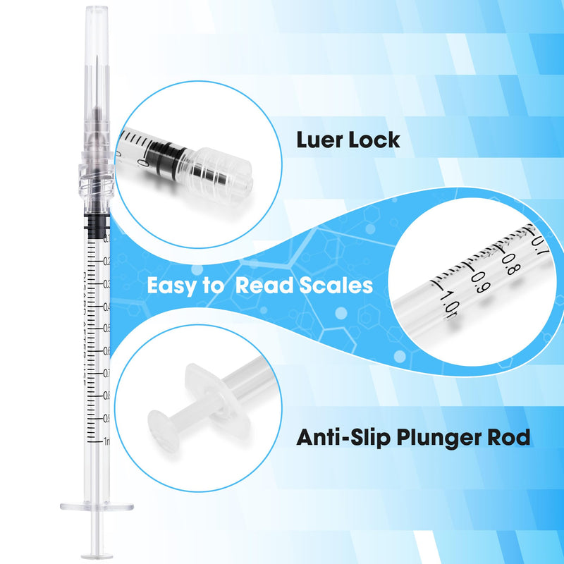 [Australia - AusPower] - 100 Pack 1ml Syringes with Needle 27G 1/2 Inch - Disposable Luer Lock Dispensing Syringe, Individually Wrapped 1ml 27g 0.5" 