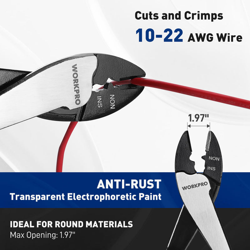 [Australia - AusPower] - WORKPRO 9.5" Wire Cutter/Crimper, Wire Crimping/Cutting Tool for 10-22 AWG Terminals and Connectors, Designed for Insulated and Non-Insulated Connections 