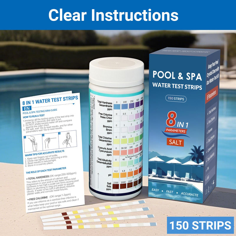 All-New 2026 8-in-1 Pool Test Strips -150 CT Pool Salt Test Strips | Salt Water Pool Testing Kit for Salt Water Pools, in & Above-Ground Pools, Hot Tubs&Spas| Quick&Accurate Testing Chlorine,pH,Salt 8 in 1 150 Strips