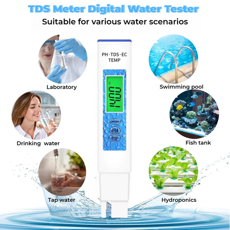 [Australia - AusPower] - 4 in 1 pH Meter for Water PH/TDS/EC/Temp Multi-Function Water Quality Tester High Precision Digital pH Meter for Hydroponics, Pool and Aquarium 