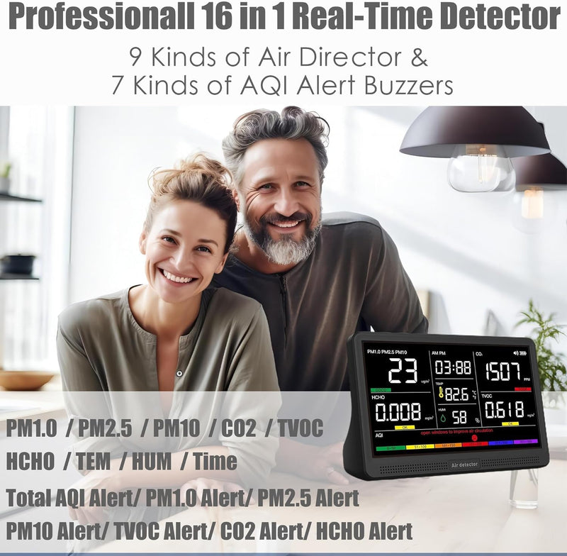 [Australia - AusPower] - Professional Indoor Air Quality Monitor with 7X AQI Beep Alarms,16 in 1 Portable Real-Time Detector for PM2.5 | PM10 | CO2 | TVOC | HCHO | Temp | Hum for Home Cars Plants Pets (Dark Black) Dark black 