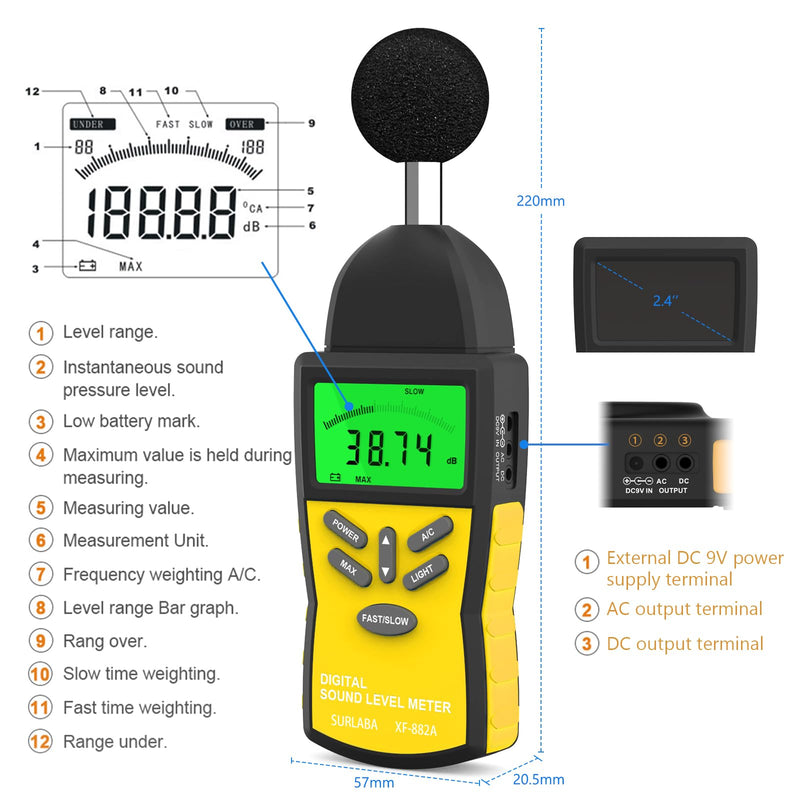 [Australia - AusPower] - Decibel Meter, 30-130 dB Digital Sound Level Meter with A/C Weighting, Backlight, Data Logging - Noise Detector SPL Meter for Home, Factory, Construction Sites 