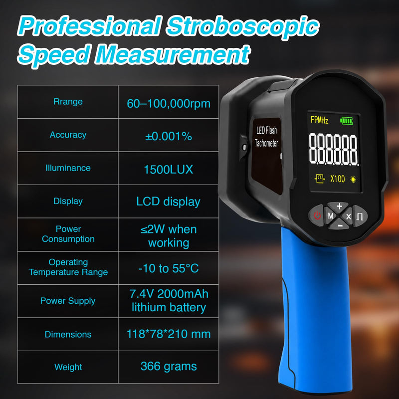60-100000 RPM Digital Strobe Speedometer, Non-Contact Handheld LED Strobe with 0.001% Accuracy of Speed Measurement, 1500LUX, 16 LEDs, USB Rechargeable, LCD Display for Motors, Fans