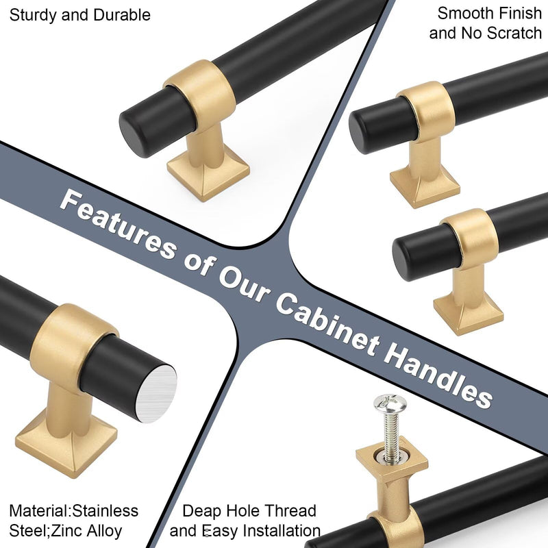 10Pack Hole Centers 2.5inch(64mm) Black Cabinet Handles with Gold Champagne Base T Shaped Kitchen Cabinet Pulls Hardware Pull Handle for Cabinets Dressers 4inch Total Length Hole Centers: 2.5inch Black with Champagne Gold Base 10