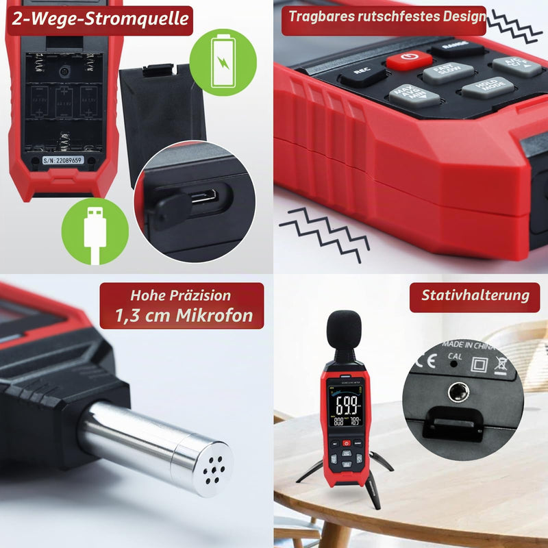 Decibel Meter with Data Logging Sound Decibel Meter Data Logger 30~130dB Sound Level Meter with Acoustic Visual Alarm, Sound Meter with Export Data, PC Connection