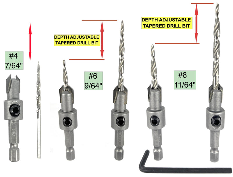 FTG USA 3 Pc #4#6#8 TCT Tapered Bit Wood Countersink Set, Standard Flute | Premium tungsten carbide tipped (TCT) cutter set for clean woodworking. Includes sharp tapered drill bits and an Allen wrench Standard Flute w/o Depth Stop