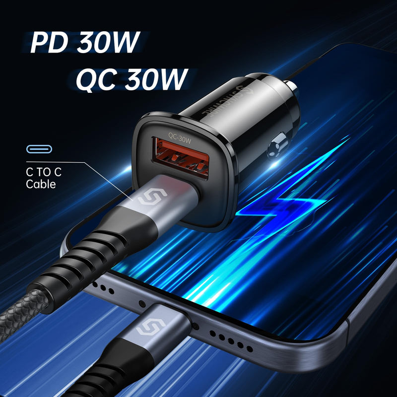 [Australia - AusPower] - Syncwire USB C Car Charger 60W [PD 30W & QC 30W] Fast Charging USB Adapter with 5FT Type C Cable Compatible with Samsung S23/S22 Google Pixel 7/7Pro iPhone 14 Pro Max and More Black 
