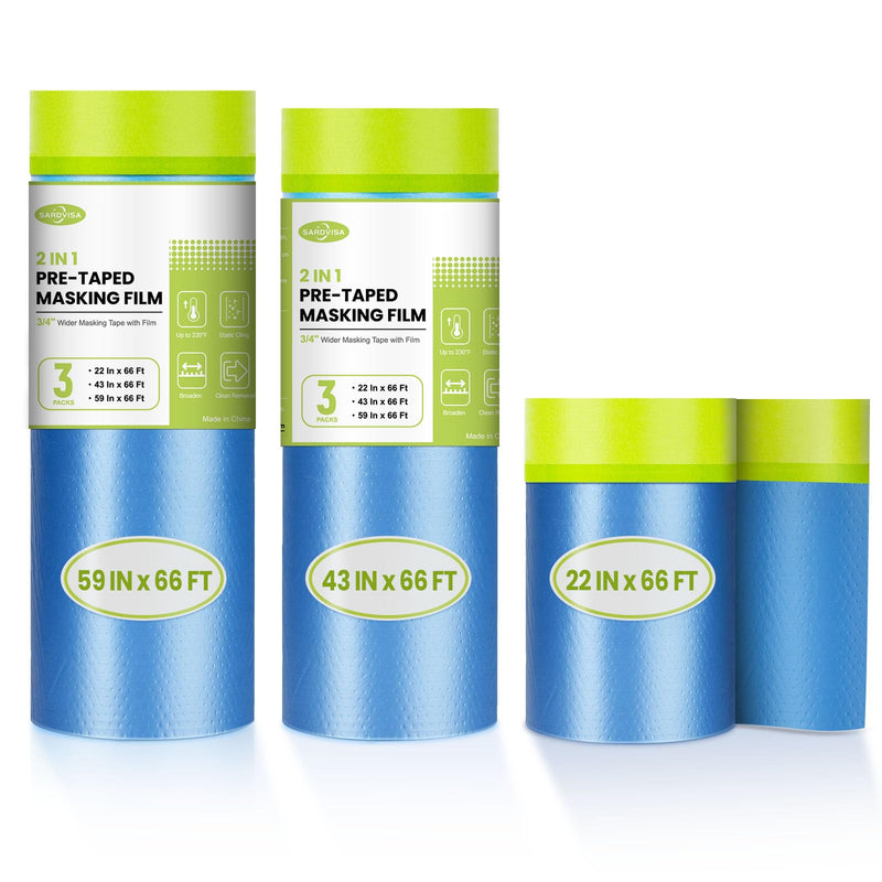 SARDVISA Pre-Taped Masking Film for Painting, 59/43/ 22 in * 66 FT, 3-Rolls Painters Plastic Sheeting with Widened Paint Tape and Drape for Covering Walls, Windows, Cars & Furniture Protection