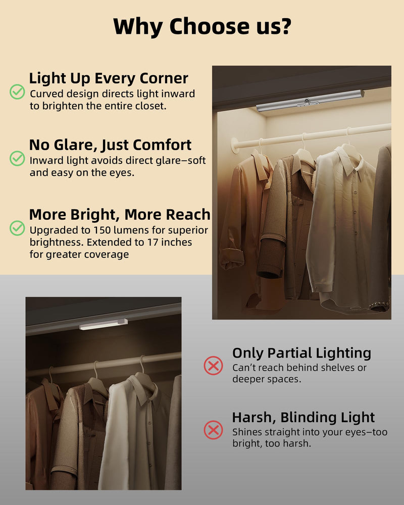 EZVALO 17Inch Motion Sensor Closet Lights, 3600mAh Rechargeable Battery LED Cabinet Lights, 150 Lumens No-Glare Curved, 3 Color Temps & Dimmable Pantry Lights for Wardrobe, Shelves - 2Pack 2