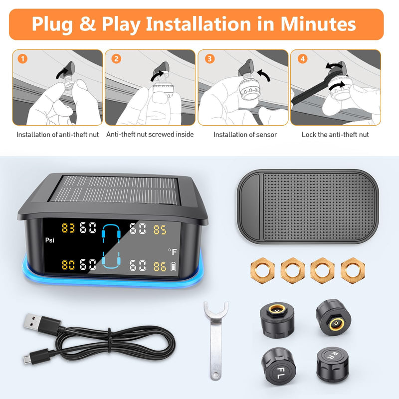 [Australia - AusPower] - GEARGO Tire Pressure Monitoring System, Real-time Solar Wireless TPMS with 4 Tire Pressure Sensor, Digital LCD Display, Auto Security Alarm for RV SUV MPV Truck Sedan 