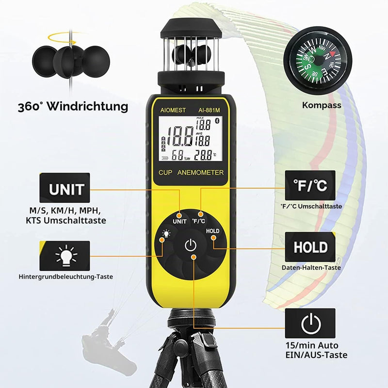 AIOMEST Wind Gauge Wind Gauge, Digital Anemometer Handheld Wind Cup Wind Speed Meter, ±4% Accuracy, Measures MAX/AVG Wind Speed & Temperature for Sailing Surfing Drone 881M