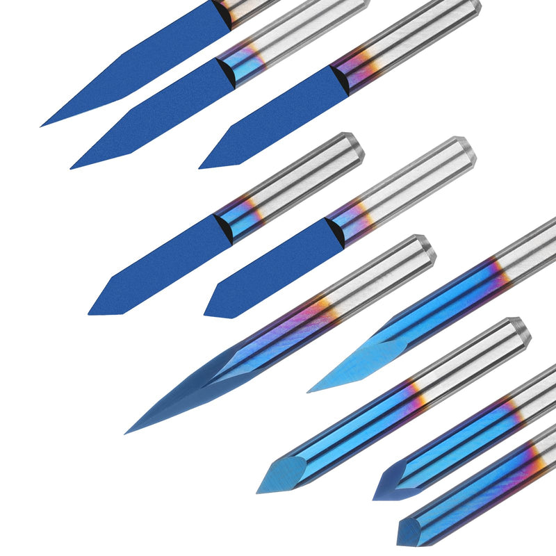 Genmitsu 10pcs CNC Router Bit Set with 1/8" Shank Flat V Bit:20/30/45/60/90 Degree Triangle V Bit:20/30/45/60/90 Degree 0.1mm Tip Nano Blue Tapered Coating 20/30/45/60/90 degrees, 0.1mm tip