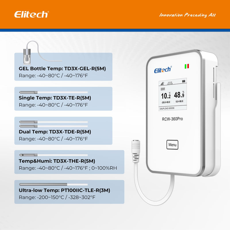 [Australia - AusPower] - Elitech Dual Temperature Probe for RCW-360Pro, -40°F to 176°F, 16.4ft Cable Auto-Detection Digital Sensor with Individual Calibration Certificate for Medical Pharma Validation, TD3X-TDE-R-5M Separated Probe(1pcs) Dual Temp Probe, 5M 1 