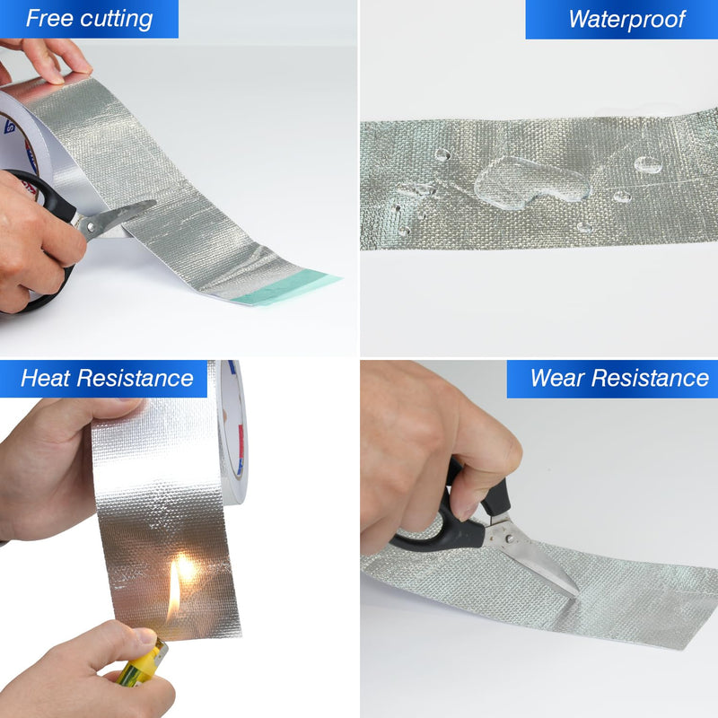 Aluminum Foil Heat Shield Tape 4in x 66ft, Self-Adhesive Heat Reflective Heat Resistant High Temperature Fiberglass Tear-Proof HVAC Silver Duct Tape for Ductwork, Dryer Vent & Insulation 4inx66ft