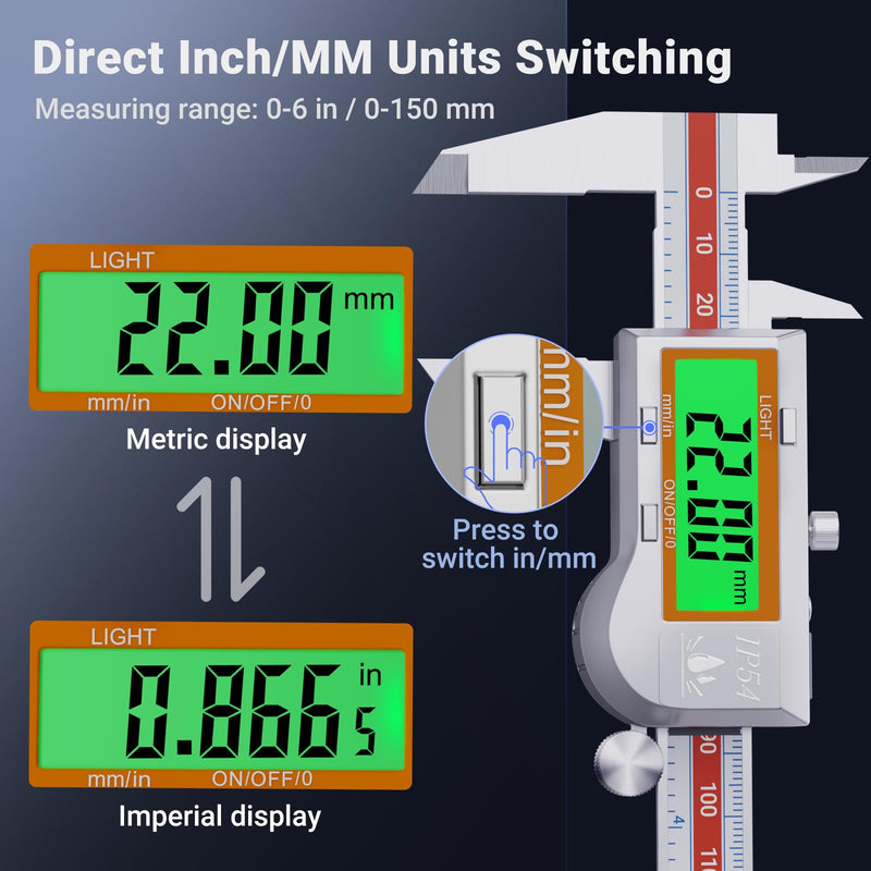 [Australia - AusPower] - Preciva Digital Vernier Caliper 150 mm IP54 - Electronic Calliper Made of Stainless Steel with LCD Display, Backlight and Fine Adjustment Precision Caliper 