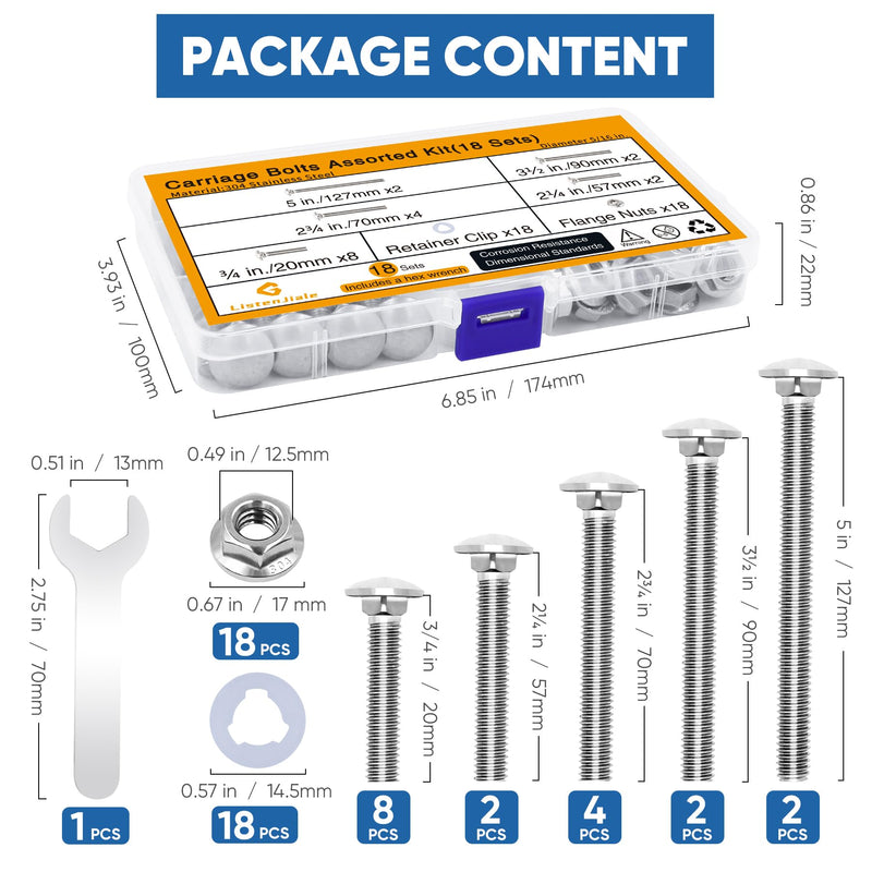 [Australia - AusPower] - Wheelbarrow Carriage Bolts and Nuts Kit,5/16-18 Stainless Steel Carriage Bolts 5",3-1/2",2-3/4",2-1/4",3/4",Flange Hex Nuts,Retainer Clips,Hex Wrench,Wheelbarrow Handles Replacement kit(18 Sets) Carriage Bolts Kit(18 Sets) 
