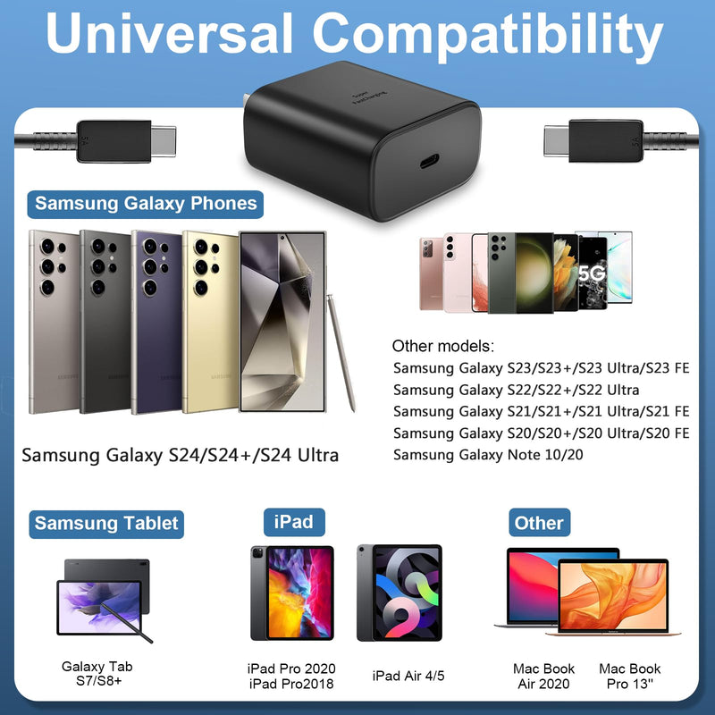[Australia - AusPower] - Samsung Galaxy S24 Ultra Charger 45W USB-C Super Fast Charger Android Phone Charger Block with 6.6 FT Cable for Samsung Galaxy S24 Ultra/S24/S24+/S23 Ultra/S23/S23+/S22/S21/S20/Note 10/20, Galaxy Tab black 6.6FT 