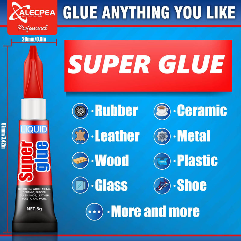 Super Glue, 6-Pack Single-Use Tubes 3 Gram Each, Super Fast, Liquid & Strong Adhesive Superglue, Glue for Hard Plastics, DIY Craft, Ceramics, Frame, Leather, Metal Etc 6 Pack