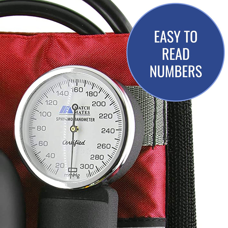 [Australia - AusPower] - MABIS MatchMates Manual Blood Pressure Monitor Kit Aneroid Sphygmomanometer with Calibrated Nylon Cuff and Oversized Carrying Case, Adult, Red 