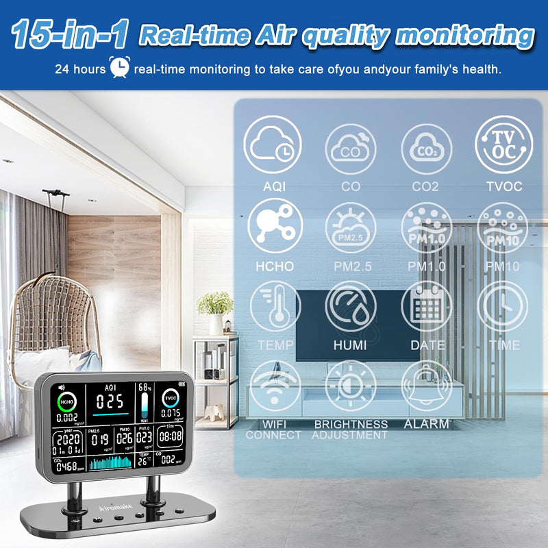 [Australia - AusPower] - Air Quality Monitor Indoor,16 in 1 Smart Air Quality Monitor 6" Indoor Air Quality Meter VOC, AQI, HCHO, CO, Alarm, PM1.0, Temp, HUMI&CO2 PM2.5 Monitor,Indoor Air Quality Test for Home WiFi Connect Grey 