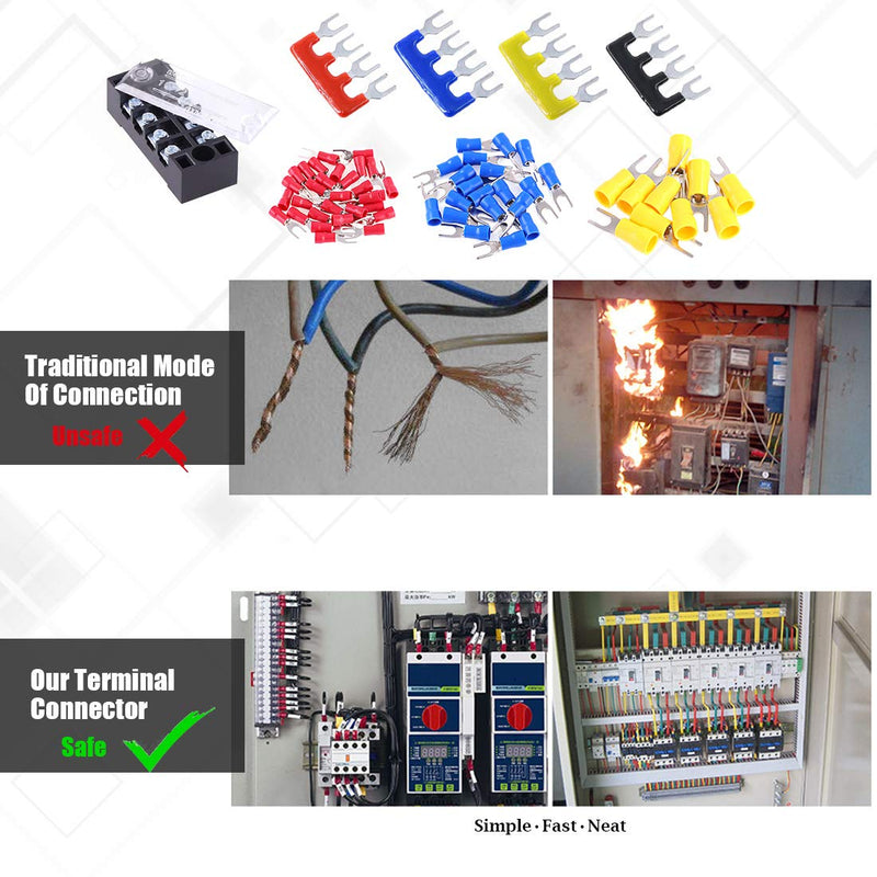 [Australia - AusPower] - Glarks 70Pcs(5Sets) Terminal Block Set, 5Pcs 4 Positions 600V 15A Dual Row Screw Terminals Strip + 5Pcs Pre-Insulated Barrier Strips + 60Pcs Insulated Fork Wire Connector (4P+Fork Connector) 4P+Fork Connector 