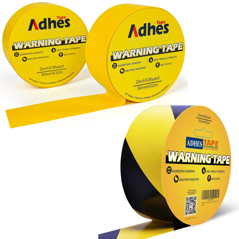 ADHES Black and Yellow Safety Tape + Yellow Hazard Warning Safety Tape
