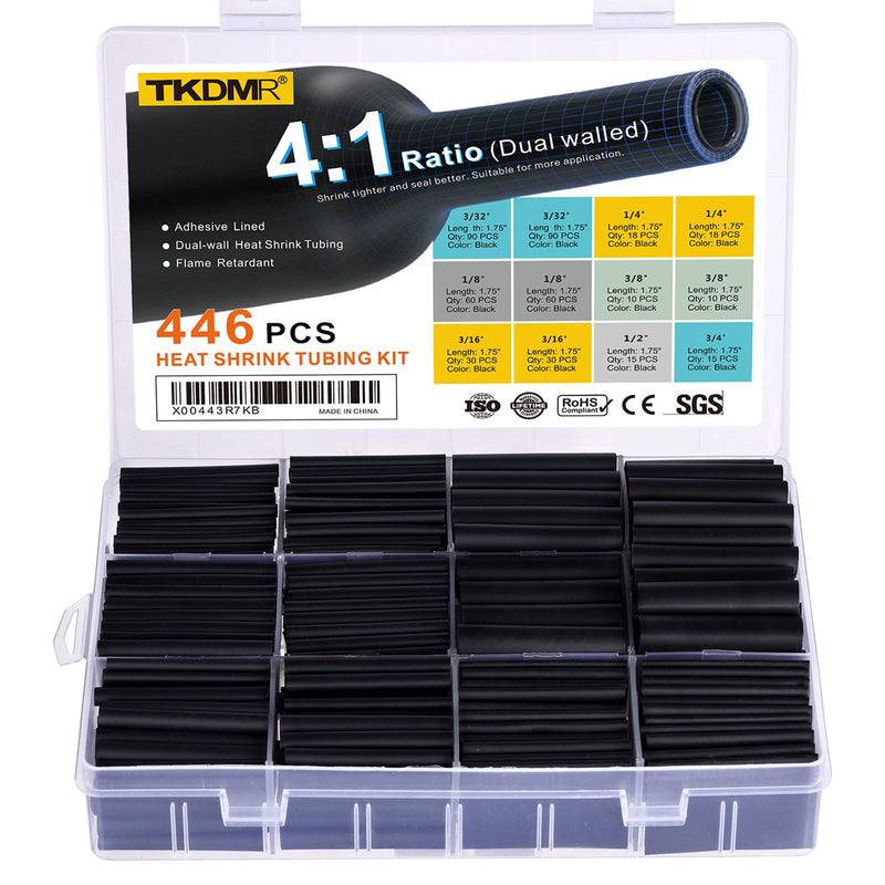 TKDMR 446 Pcs Heat Shrink Tubing Kit - 4:1 Ratio Adhesive Lined, Marine Grade Shrink Wrap - Industrial Heat Shrink Tubing,Black 1.75" Length