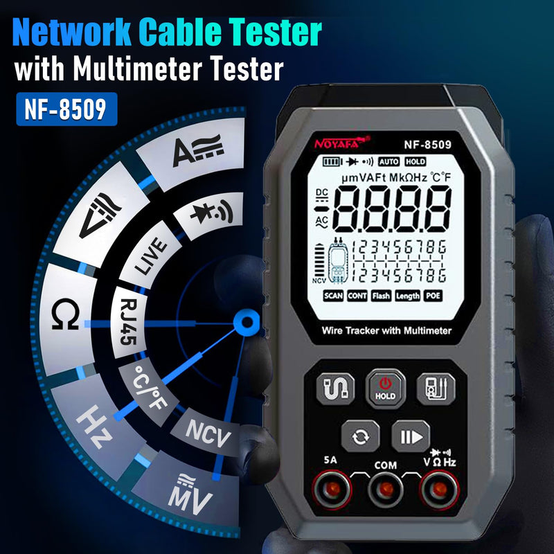 [Australia - AusPower] - NOYAFA NF-8509 Network Cable Tester (with Multimeter Tester), POE/RJ45 RJ11 CAT5 CAT6 LAN/Ethernet Port Flashing, Anti-Interference TDR Network Tester/NCV Anti-Burnout AC DC Voltmeter Network Tool Black 